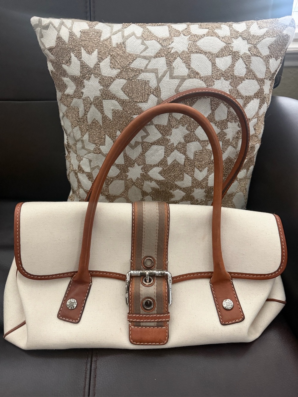 Michael Kors Cream Canvas Satchel with Brown Leather Trim